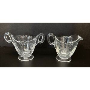 Vintage Heisey Glass Cream & Sugar Bowl Set With Floral Etching - Elegant Servew